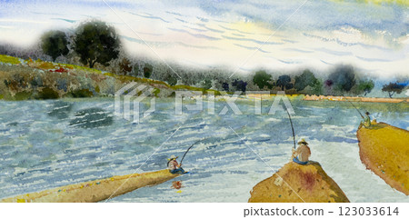 Watercolor landscape original painting on paper colorful of people fishing on the river 123033614