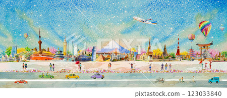 Travel holiday around world with people, cars and balloons. 123033840