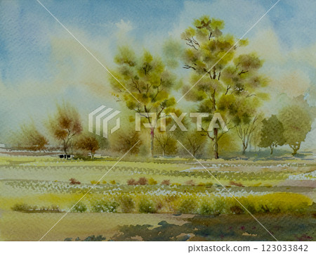 Panorama view yellow green trees field watercolor landscape paintings. Panorama view yellow green trees field watercolor landscape paintings. 123033842