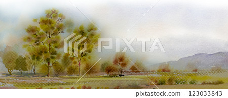 Panorama view yellow green trees field watercolor landscape paintings mountain sky background. Panorama view yellow green trees field watercolor landscape paintings mountain sky background. 123033843