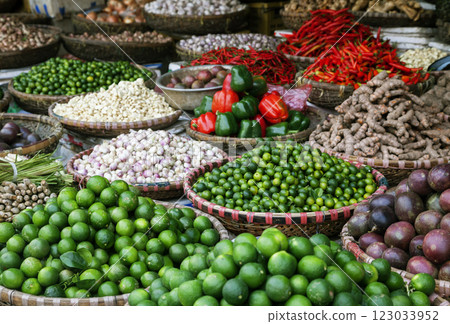 Fruits and spices at a market in Vietnam 123033952