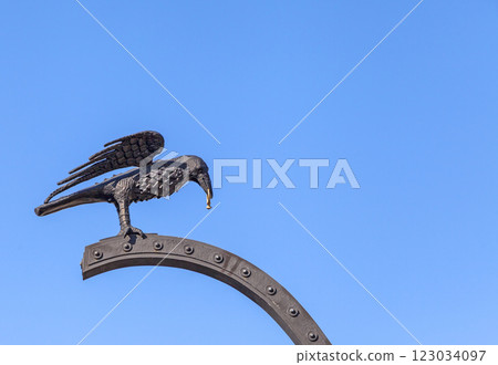 Raven carrying a gold ring near Royal Palace of Budapest 123034097
