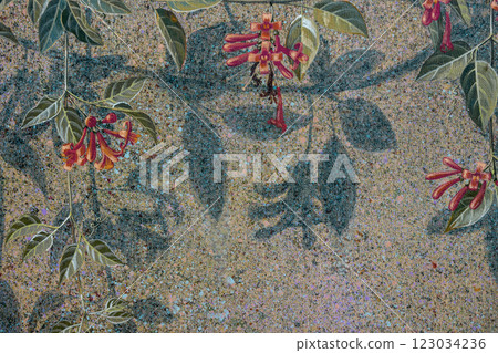 Spring wallpaper, Acrylic color landscape painting on canvas colorful of Trumpet flowers on wall. Spring wallpaper, Acrylic color landscape painting on canvas colorful of Trumpet flowers on wall. 123034236