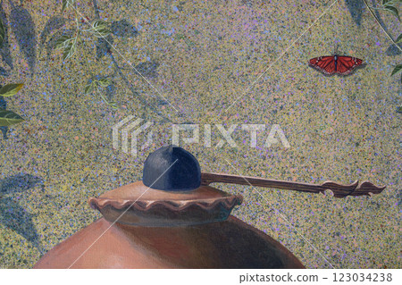 Spring wallpaper, Acrylic color landscape painting on canvas of flowers, butterfly, clay pot Spring wallpaper, Acrylic color landscape painting on canvas of flowers, butterfly, clay pot 123034238