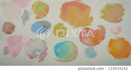 Bright watercolor art paint yellow- pink- blue brush ink, splash stroke stain drop. 123034242