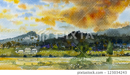 Watercolor landscape painting colorful of lake, mountain and home. Watercolor landscape painting colorful of lake, mountain and home. 123034243