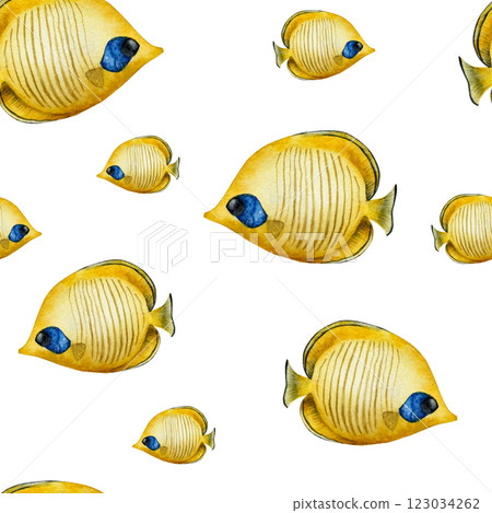 Butterflyfish seamless pattern. Colorful tropical fish. Watercolor hand drawn illustration isolated on background. For designers, postcards, greetings, birthday, calendar, wallpapers, wrapping paper, 123034262