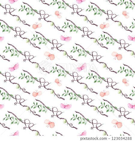 Wavy branches, green leaves, and pastel butterflies hand drawn watercolor seamless pattern isolated. Tree of heart shape repeating nature texture for textile design, wallpapers and spring-themed. 123034288