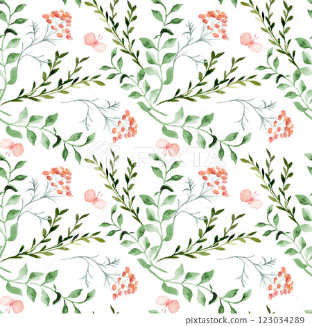 Botanical design textile with simple blooms green pink colors. Watercolor abstract flowers and leaves on seamless background hand drawn isolated. Gentle butterflies and plants elements for wallpaper. Botanical design textile with simple blooms green pink colors. Watercolor abstract flowers and leaves on seamless background hand drawn isolated. Gentle butterflies and plants elements for wallpaper. 123034289
