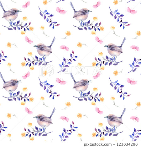 Watercolor seamless pattern with small birds in pastel purples on branch isolated. Foliate pattern with tiny bird butterfly and flower sketch hand drawn. Bird nature art design wallpaper, textile. 123034290