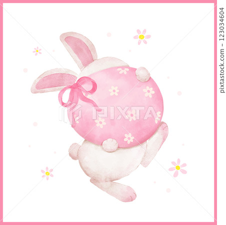 Whimsical Coquette Easter Bunny hold Egg watercolor animal Hand Drawn Whimsical Coquette Easter Bunny hold Egg watercolor animal Hand Drawn 123034604