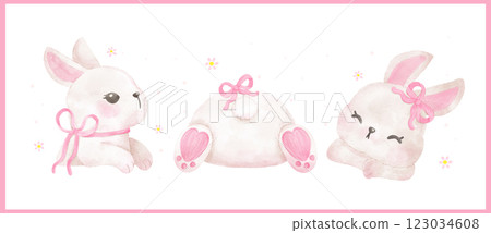 Whimsical Coquette White Bunny with Pink Ribbon Bow watercolor animal Hand Drawn set 123034608