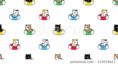cat seamless pattern kitten calico swimming ring inflatable pool beach ocean vector pet cartoon doodle gift wrapping paper tile background repeat wallpaper animal illustration scarf isolated design 123034621