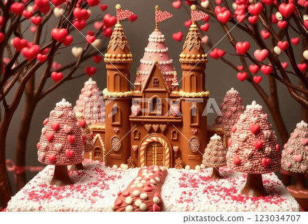 A castle made entirely of chocolate and candy, surrounded by heart shaped trees 123034707