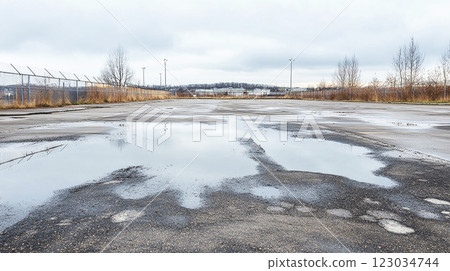 雨後的停車場和水坑 123034744