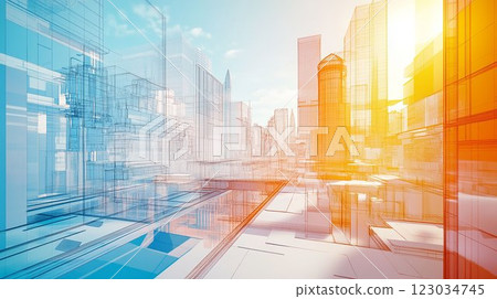 未來城市的線框 3D 插圖 未來城市的線框 3D 插圖 123034745