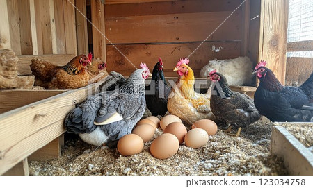 木製雞舍裡產的雞蛋和雞 木製雞舍裡產的雞蛋和雞 123034758