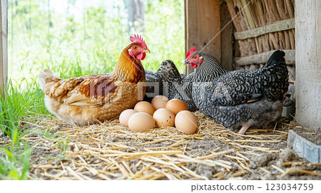 Eggs and chickens laid on a farm full of greenery 123034759