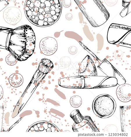 Nude make-up palette powder balls, blush eyeshadow, conical sponge, mist spray bottle. Detailed hand drawn line vector ink sketch, isolated seamless pattern. Beauty parlor, packaging, cosmetics shop 123034802