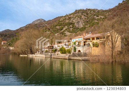 Crnojevic river in small town near Skadar lake in Montenegro in winter time 123034803