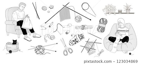 man and woman knitting sitting in a chair and a set of elements about knitting, knitting needles, crochet, balls of wool, pins, scissors, row counter, stitch markers, buttons, knitted mittens 123034869