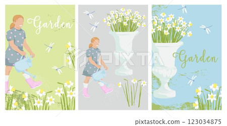 Girl watering flowers from a watering can. Blooming daffodils in planter. Set Elements for creating cover, postcard, background Girl watering flowers from a watering can. Blooming daffodils in planter. Set Elements for creating cover, postcard, background 123034875