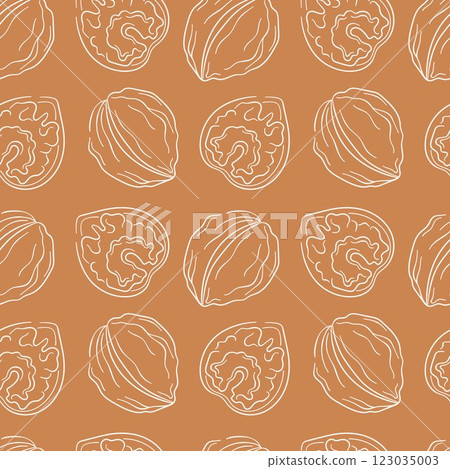 Walnut line art style seamless pattern on brown background. Hand drawn nut illustration for wrapping, fabric, textile, card, menu, food store. Walnut line art style seamless pattern on brown background. Hand drawn nut illustration for wrapping, fabric, textile, card, menu, food store. 123035003