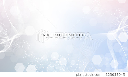 Modern scientific background with hexagons, lines and dots. Wave flow abstract background. Molecular structure for medical, technology, chemistry, science. Vector illustration Modern scientific background with hexagons, lines and dots. Wave flow abstract background. Molecular structure for medical, technology, chemistry, science. Vector illustration 123035045