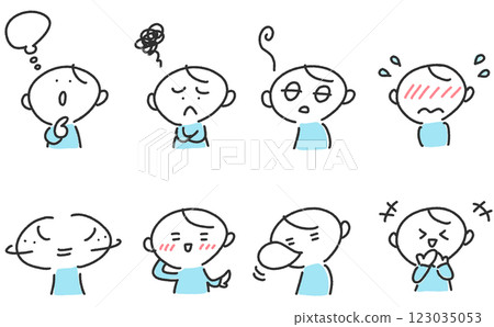 A set of men with various expressions: thinking, embarrassed, laughing, ashamed 123035053