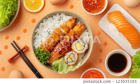White rice with chicken katsu eggroll on white bowl Korean food style 123035103