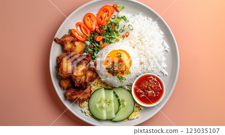 White rice with chicken crispy fried Korean with cucumber, egg, chili sauce and chopsticks 123035107