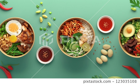 Fried rice with vegetable cucumber, chilli sauce and egg healthy food 123035108