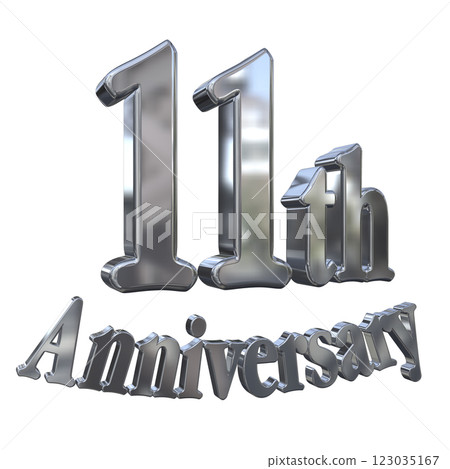 3DCG 字母“11 週年/11 週年紀念標誌閃亮”銀色，銀色 123035167
