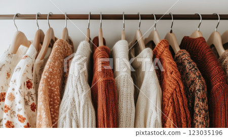 Cozy sweaters in warm tones hanging on stylish wardrobe rack 123035196