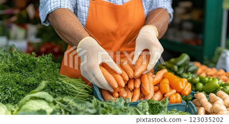 Fresh carrots being handled at vibrant farmers market stall 123035202
