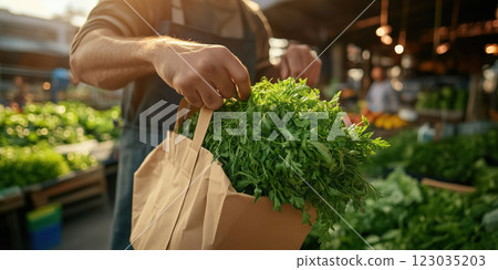 Fresh herbs in paper bag at vibrant market, showcasing local produce 123035203