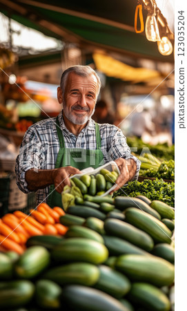 friendly vendor at vibrant farmers market showcasing fresh vegetables 123035204