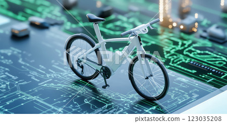 Futuristic bicycle on digital circuit board, symbolizing sustainable transport 123035208