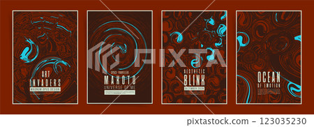 Futuristic Abstract Poster Collection. Vector Minimalist Posters with Dynamic Geometric Shapes, Fluid Textures and Bold Aesthetic. Brutalist Design with Vortex Motion and Retro-Futuristic Energy. 123035230