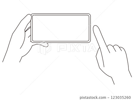 Illustration of a hand holding a landscape smartphone in one hand and fingers operating it_with main lines_monochrome 123035260