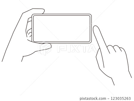 Illustration of a hand holding a smartphone horizontally in one hand and fingers operating it_2_with main lines_monochrome 123035263