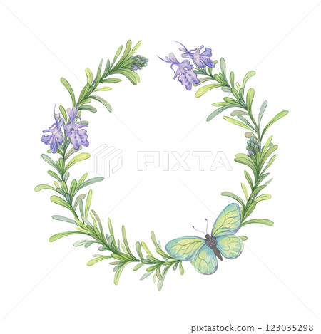 Watercolor wreath of blooming rosemary branches with a butterfly. Composition perfect for cosmetic packaging, soaps, creams, candles, greeting cards and natural product branding Watercolor wreath of blooming rosemary branches with a butterfly. Composition perfect for cosmetic packaging, soaps, creams, candles, greeting cards and natural product branding 123035298