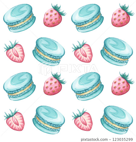 Seamless watercolor pattern with turquoise macarons and strawberries on a white background 123035299