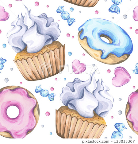 Seamless watercolor pattern with cupcakes, donuts, and candies on a white background 123035307