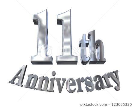 3DCG 字母“11 週年/11 週年紀念標誌閃亮”銀色,銀色 3DCG 字母“11 週年/11 週年紀念標誌閃亮”銀色,銀色 123035320