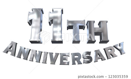 3DCG 字母“11 週年/11 週年紀念標誌閃亮”銀色，銀色 123035359