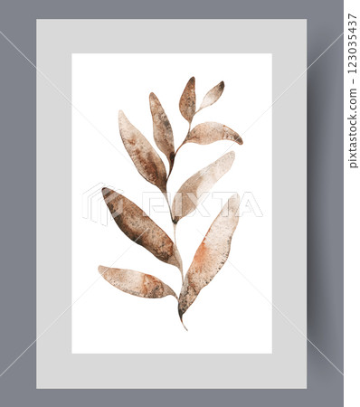 Branch tree or bush with oblong petals for interior on theme ecology on poster. Watercolor artwork Branch tree or bush with oblong petals for interior on theme ecology on poster. Watercolor artwork 123035437