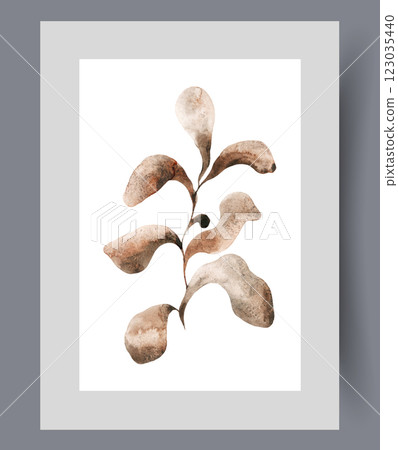 Sprig of plant with wavy petals painted by abstract artist on wall art. Watercolor artwork Sprig of plant with wavy petals painted by abstract artist on wall art. Watercolor artwork 123035440