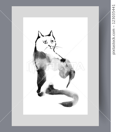 Fluffy black cat with sad eyes sits and looks to side on wall art. Watercolor artwork Fluffy black cat with sad eyes sits and looks to side on wall art. Watercolor artwork 123035441