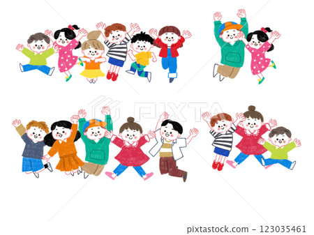 一組用色鉛筆畫的跳躍的孩子 一組用色鉛筆畫的跳躍的孩子 123035461
